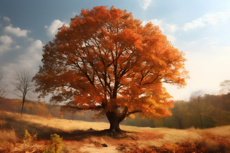 Autumn landscape with a big tree on the meadow at sunsetの素材