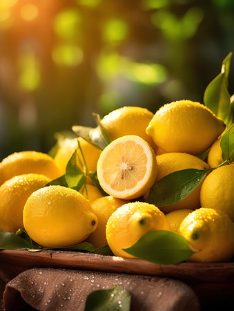 Fresh ripe lemons with leaves on wooden table, selective focus.の素材