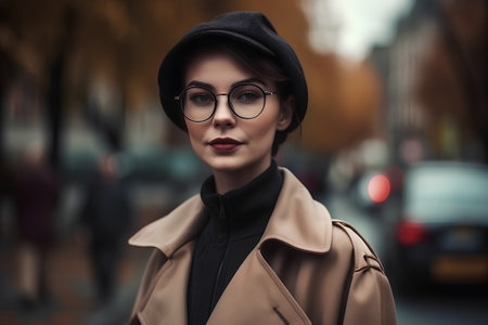 Portrait of a beautiful fashion woman in beige coat and black hatの素材