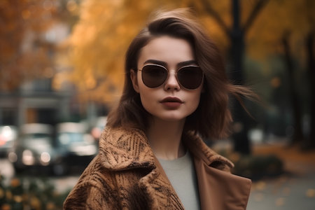 Beautiful young woman in brown coat and sunglasses on autumn street.の素材