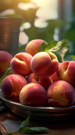 Fresh peaches in a metal plate. Selective focus. nature.の素材