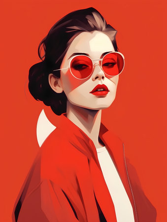 Fashion portrait of a beautiful young woman in red sunglasses. Vector illustration.の素材