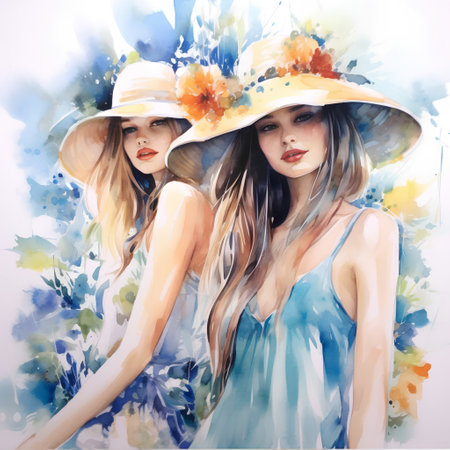 Two young beautiful women in summer hats on a background of blue watercolorの素材