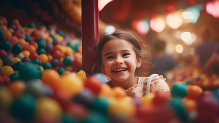 Little girl playing in a colorful amusement park. Selective focus.の素材