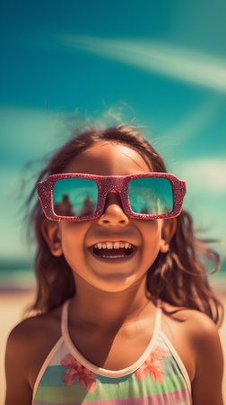 Cute little girl with sunglasses on the beach. Selective focus.の素材