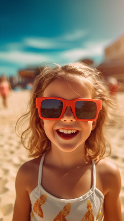 Little girl with sunglasses on the beach. Selective focus. Kid.の素材