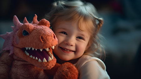 Cute little girl playing with a toy dragon. Happy childhood.の素材