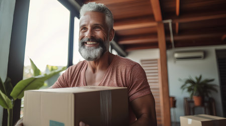 Portrait of smiling mature man carrying cardboard box while moving into new homeの素材