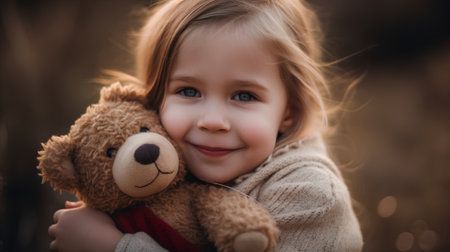 Portrait of a cute little girl with teddy bear in the parkの素材