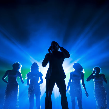 Silhouette of a man in front of a crowd of peopleの素材