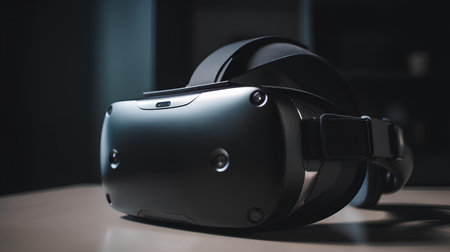 Virtual reality headset on table in office. 3d render illustration.の素材