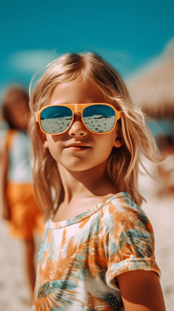 Cute little girl in sunglasses on the beach. Selective focus.の素材