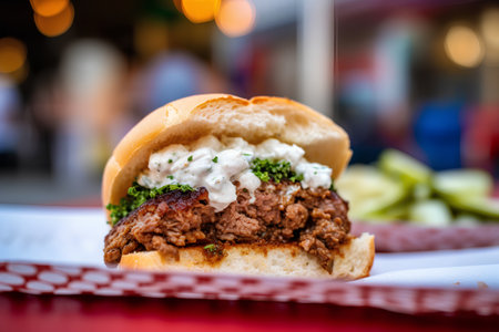 Beef Hamburger with tartar sauce on a white plate.の素材