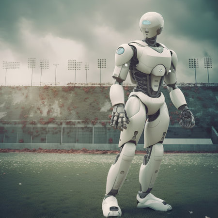 Robot on football field. 3D rendering. Toned image.の素材
