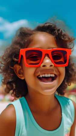 Close up portrait of a cute african american little girl in red sunglassesの素材