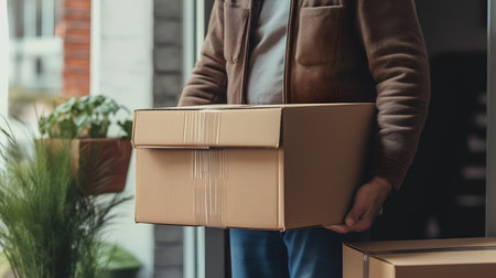 Young man holding cardboard boxes in his hands while moving into a new houseの素材