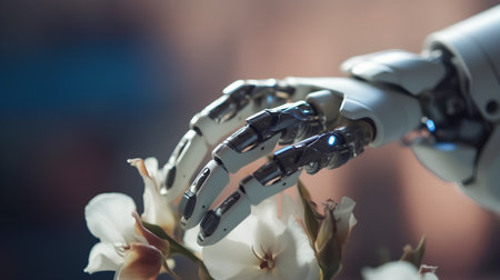 Robot hand holding white flower on blurred background, artificial intelligence conceptの素材