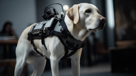 Labrador Retriever dog in a black and white harness.の素材