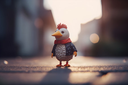 Cute little chicken with red scarf walking on the street at sunsetの素材