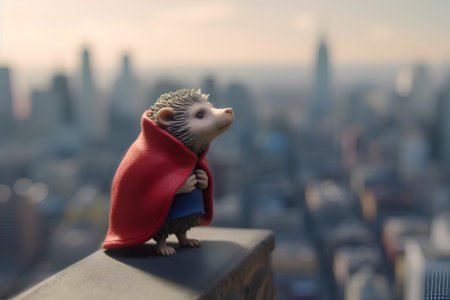 Hedgehog with a red cape on the background of the cityの素材