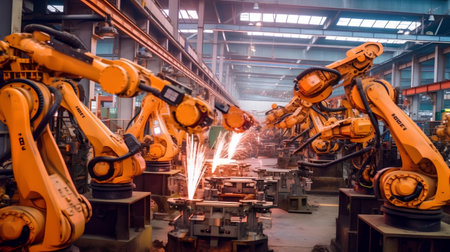 The robot arm production line in a factory, tangshan city, hebei province, China.の素材