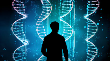 Silhouette of a man against a blue background with binary codeの素材