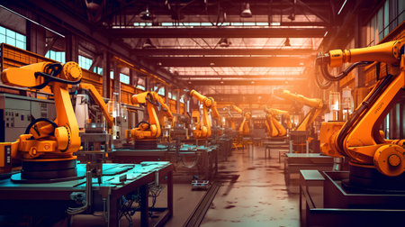 Smart industry robot arms for digital factory production technology showing automation manufacturing process of the Industry 4.0 or 4th industrial revolution and IOT software to control operation.の素材