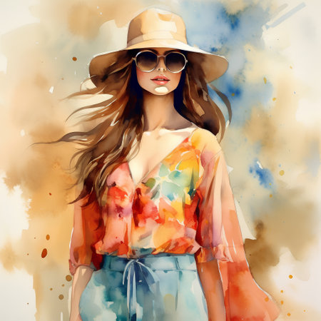 Beautiful young woman in hat and sunglasses. Digital watercolor painting.の素材