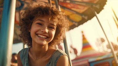 Portrait of a beautiful smiling young woman with curly hair on a carousel backgroundの素材