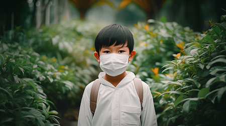Asian boy wearing face mask in the garden. Coronavirus concept.の素材
