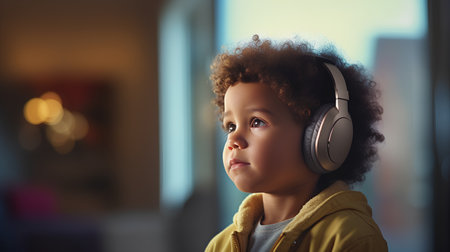 Cute little African-American boy listening to music with headphones at homeの素材