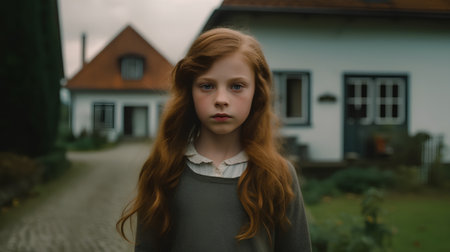 Portrait of a beautiful red-haired girl with long hair.の素材