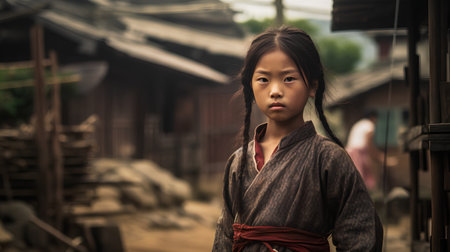 Portrait of a young girl in traditional clothes in an old villageの素材
