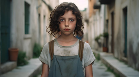 Portrait of a sad little girl in the street of an old town.の素材