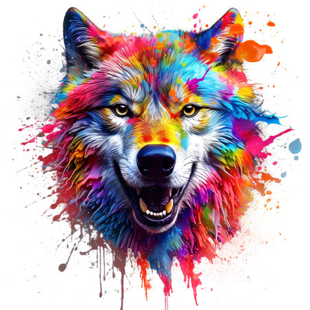 Wolf face with colorful paint splashes on white background. Vector illustration.の素材