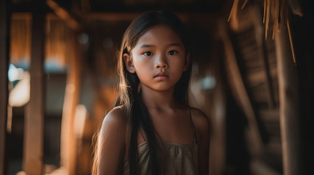 portrait of little asian girl looking at camera in the countrysideの素材
