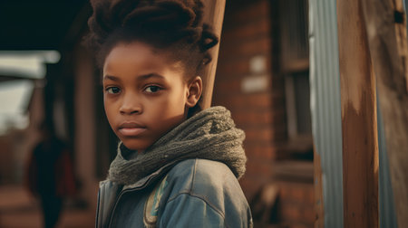 Portrait of a cute little african american girl in jeans jacket and scarfの素材