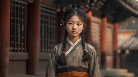 Portrait of a beautiful Asian girl wearing kimono at the templeの素材