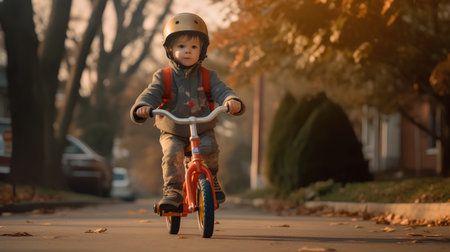 Little boy riding a bicycle in the park in autumn. Happy childhood concept.の素材