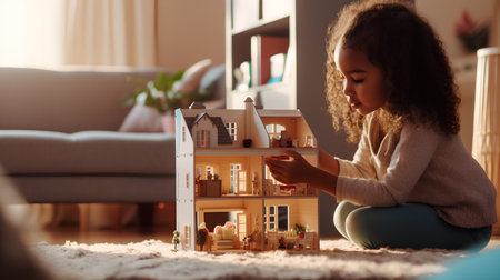Little African-American girl playing with toy house on the floor in the living roomの素材