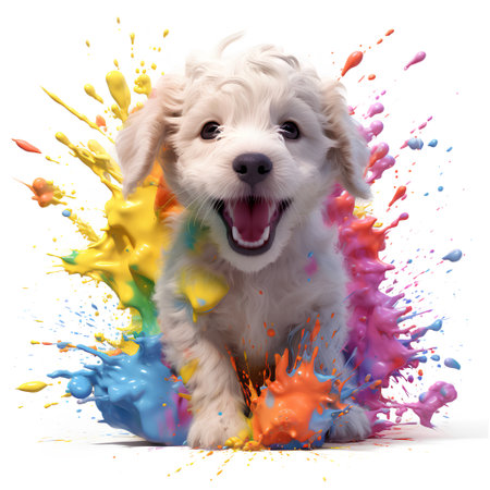 Puppy with paint splashes isolated on white background. 3D illustration.の素材