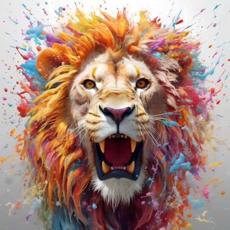 Lion head with colorful paint splashes on a white background.の素材