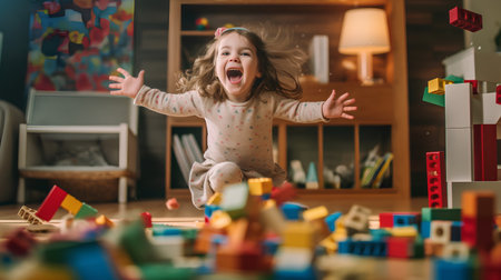 Cute little girl playing with colorful wooden blocks in the room.の素材