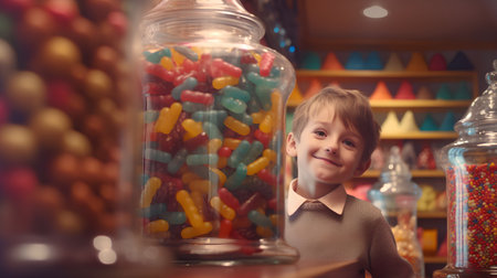 Cute little boy in candy shop. Selective focus on childの素材