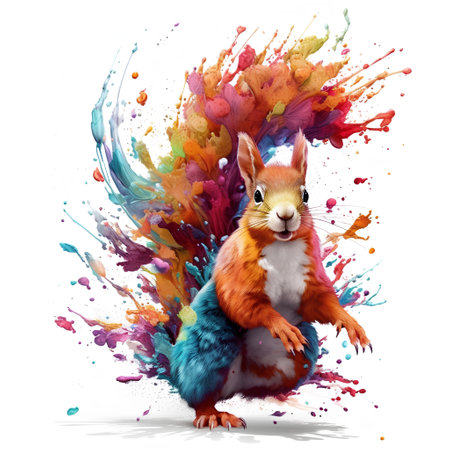 Funny squirrel with colorful paint splashes isolated on white background.の素材