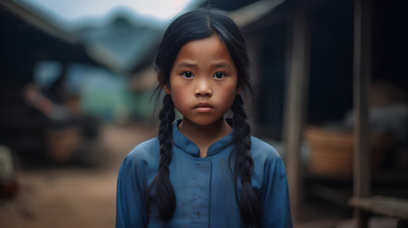 Portrait of asian little girl looking at camera in the streetの素材
