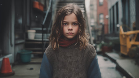 Portrait of a beautiful little girl with long curly hair in the cityの素材