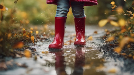 little girl in rubber boots in puddle in autumn park, shallow depth of fieldの素材