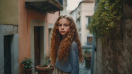 portrait of a beautiful girl with long hair in the old townの素材