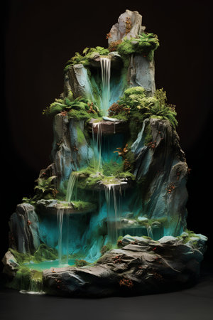 Beautiful waterfall in the forest. 3D render on dark backgroundの素材